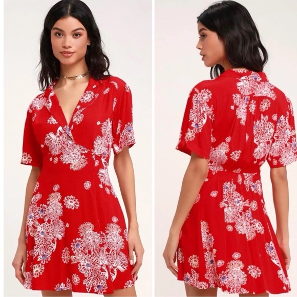 Free People Dresses & Skirts - Free People Blue Hawaii Red Floral Print Mini Dress Bohemian Side Pockets Small